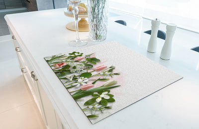 Herdabdeckplatte - Weiß mit rosa Tulpen